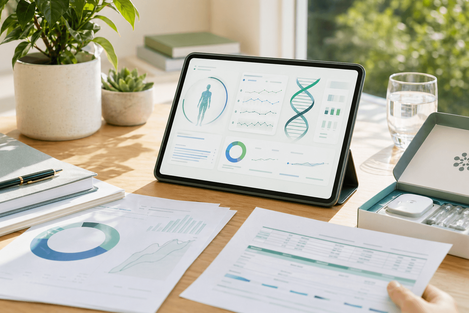 A sunlit desk with health context, lab result material, and a tablet.