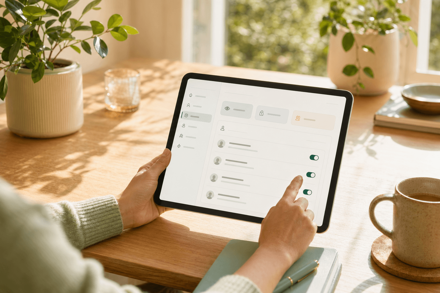 A person reviewing health sharing controls on a tablet in warm daylight.